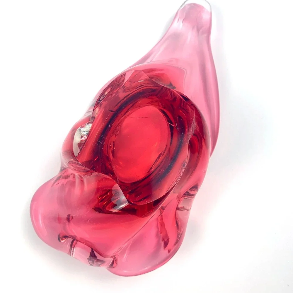 MCM Hand Blown Glass Ashtray Bowl Pair of 2 Harrachov/Czech Cranberry Pink 1950s - Picture 8 of 12